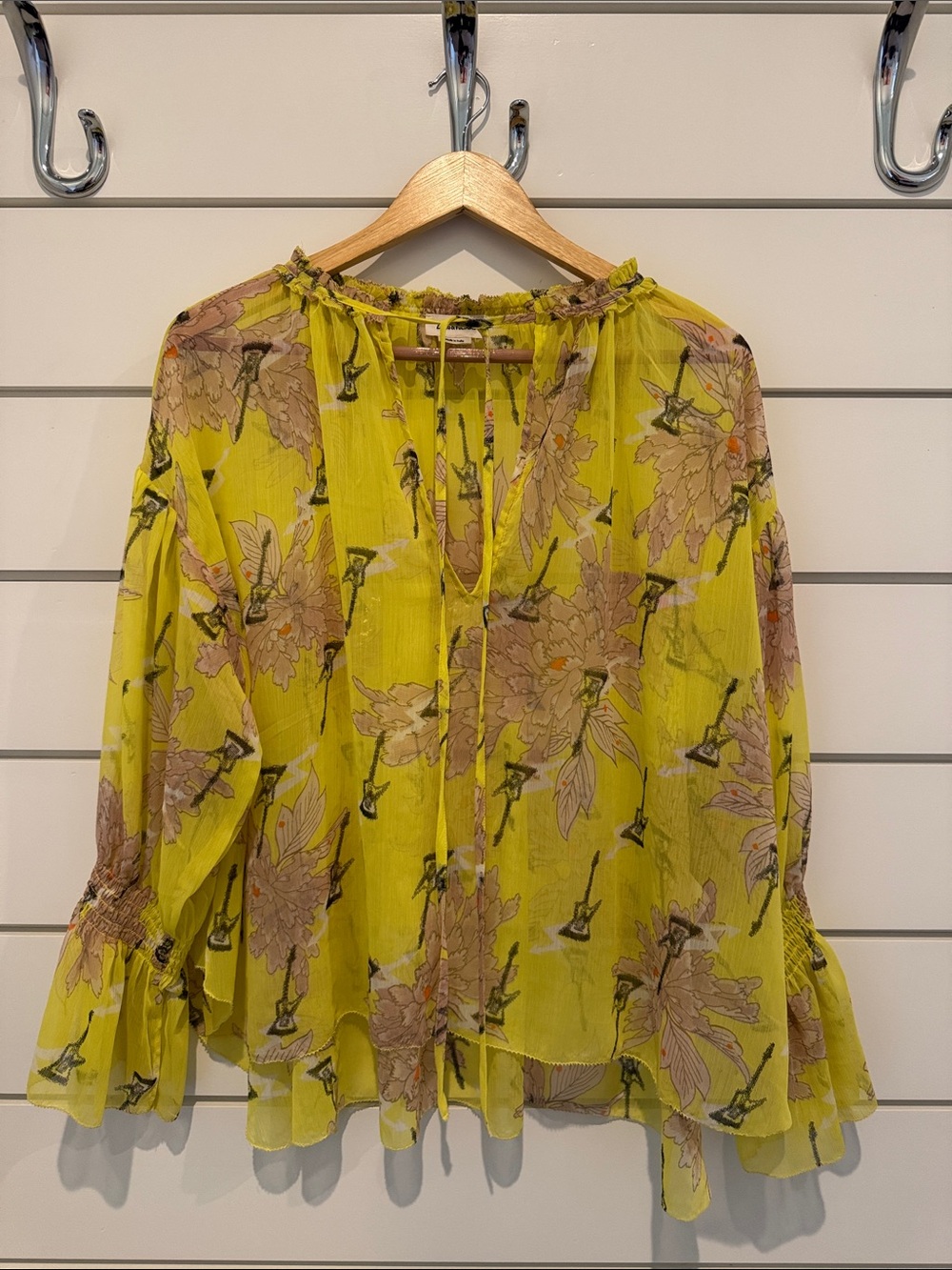 Zadig & Voltaire Yellow Floral Tie-Neck Sheer Blouse